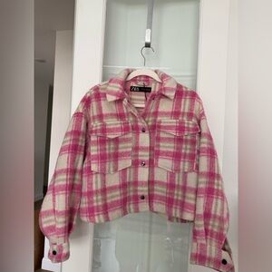 Zara Pink Plaid Cropped Overshirt Jacket